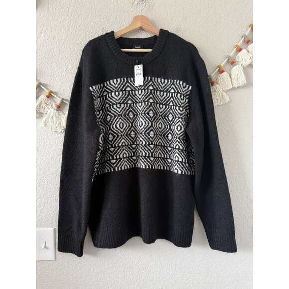 Express Fair Isle Black Knit Crewneck Sweater Cabincore Cozy Geometric NWT Men L - Picture 1 of 9